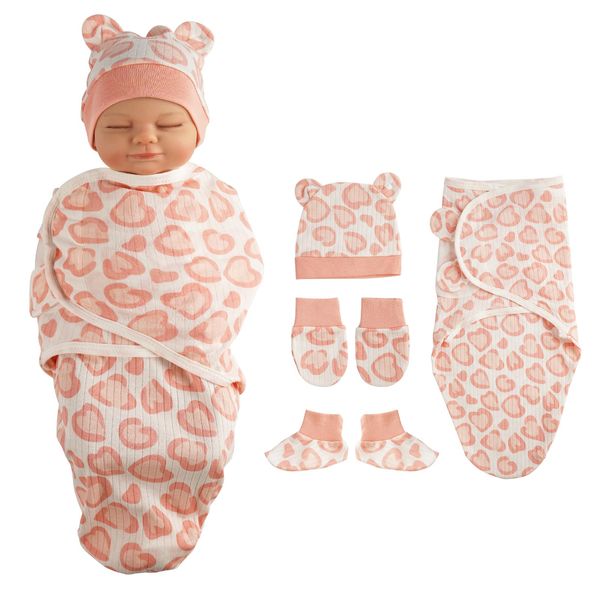 BABESIDE 4 Pcs Reborn Baby Doll Blanket with Doll Accessories Set for 17-24 Inch Babydolls, Cute Heart Patterns Baby Doll Swaddle Blanket with Doll Hat Doll Gloves for Newborn Baby Dolls Girl, Pink