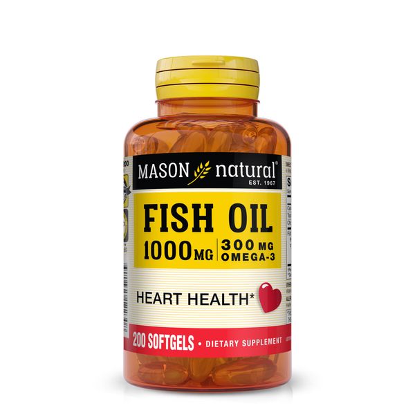 Mason Natural, Omega 3 Fish Oil 1000mg Softgels, Bonus Size 200-Count Bottle, Dietary Supplement Supports Heart, Eye, Brain and Joint Health with Omega 3 Fatty Acid Healthy Fats