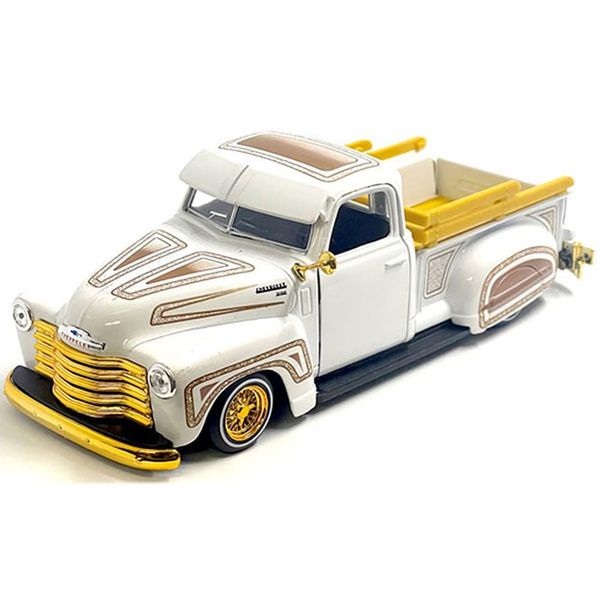 1950 Chevy 3100 Pickup Truck Lowrider White with Graphics and Gold Wheels Lowriders Series 1/25 Diecast Model Car 32545WH