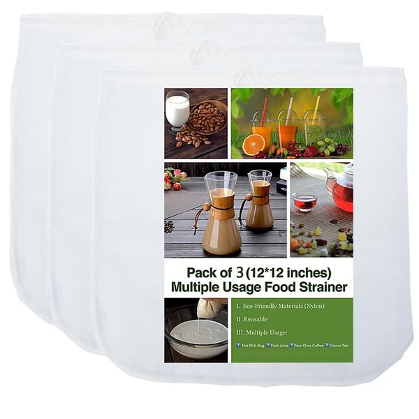3 Pack - Ultra Fine Nut Milk Bag, 12X12 Inches, 80 Micron, Multiple Usage Reusable Food Strainer, Cold Brew Coffee Bag, Food Grade Nylon Mesh, BPA-Free, Cheesecloth Bag, Yogurt Strainer, Juice Filter