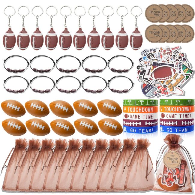 Silkchio Football Party Favors Set, 110pcs Football Party Supplies, Football Themed Stress Balls Silicone Wristband Bracelet Keychain Football Stickers for Birthday Party Gift Giving Classroom Reward