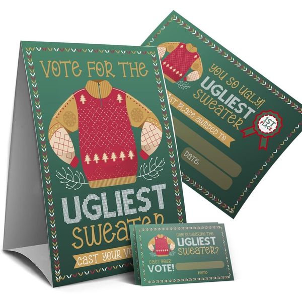 52 Piece Ugly Christmas Sweater Contest Ballot Voting Cards, Table Sign & Award