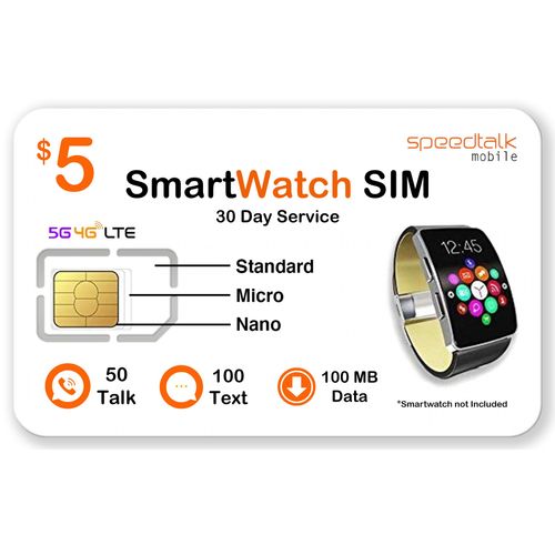 SpeedTalk Mobile $5 Smart Watch SIM Card Kit for 5G 4G LTE GSM Smartwatches Activity Fitness Wearables | Preloaded 3 in 1 Simcard - Standard Micro Nano | No Contract | USA Coverage 30 Days Service