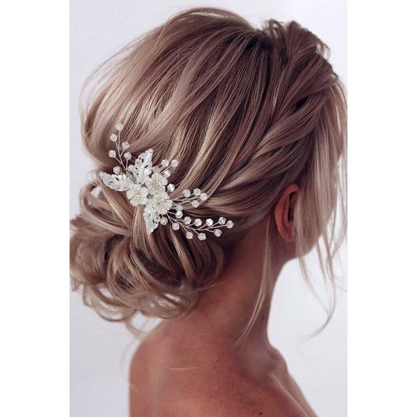 Vatocu Haarkamm mit Blume, Braut, Hochzeit, silberfarben, Haarschmuck, Blätter, Kopfschmuck für Frauen und Mädchen