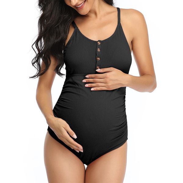 Summer Mae Maternity Swimsuit One Piece Bathing Suit Button Neck Cross Back Black L