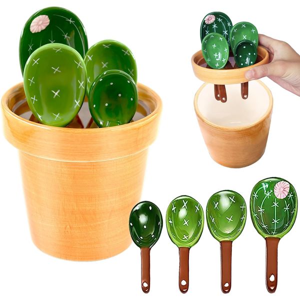 Ceramic Cactus Measuring Spoons Set in Pot Organizer, 5 Pieces Cute Measuring Cups and Spoons Set for Kitchen Dry Wet Measuring Liquid Food Salt and Sugar Kawaii Spoon with Base Cup (Green)