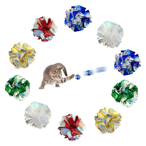 Andiker 10pcs Cat Crinkle Balls, 2.5in Mylar Crinkle Balls Lightweight and Shiny Can Make Sound Cat Rustling Balls 5 Colors Cat Ball Toys for Indoor Cats to Keep Fitness (10pcs)