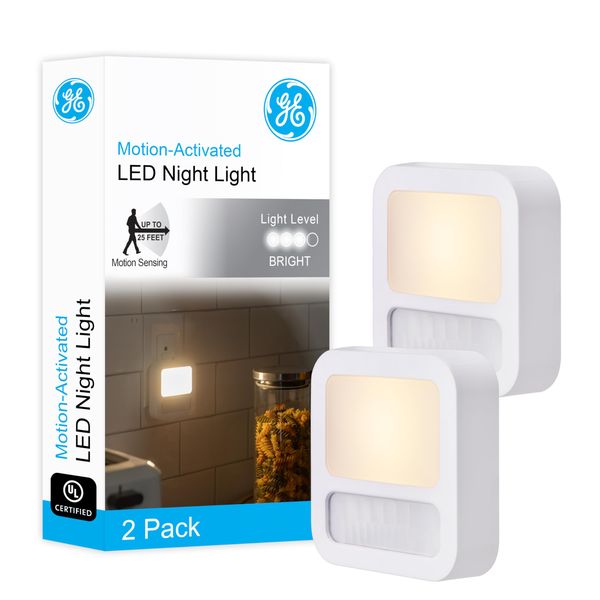 GE LED Motion Sensor Night Light, Dusk to Dawn Sensing, Plug into wall, 20 Lumens, UL-Certified, Energy Efficient, Ideal Nightlight for Bedroom, Bathroom, Kitchen, Hallway, 46439, White, 2 Pack