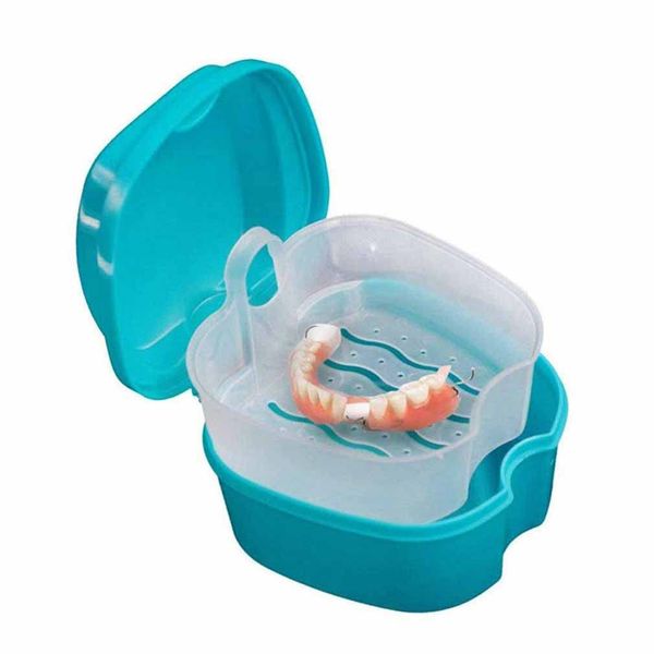 Dental Case Denture Box with Flushable Basket Solid Orthodontic Retainer Case Denture Bath Case Dentures Container with Basket Denture Holder for Home & Travel Use Retainer Cleaning - Light Blue