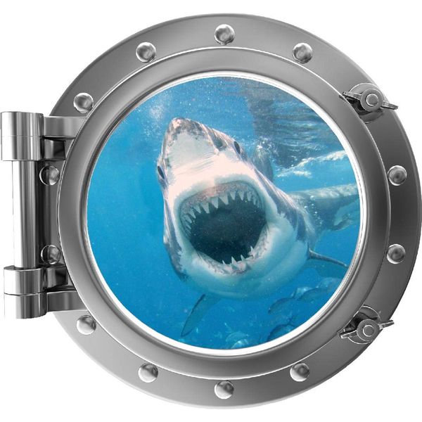 12" Port Scape Instant 3D Window Wall Sticker Great White Shark Attack Silver Porthole Wall Decal Ocean Under Water Sea Life Fish Kids Bedroom Playroom Wall Art Room Decor Removable Fabric Vinyl