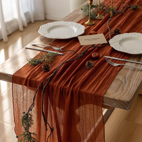 Keketo Cheesecloth Table Runner Terracotta Rust Gauze 120 Inch 10 FT Rustic Burnt Orange Cheese Cloth Table Runner for Wedding Baby Bridal Shower Party Boho Sheer Easter Centerpiece Home Decoration