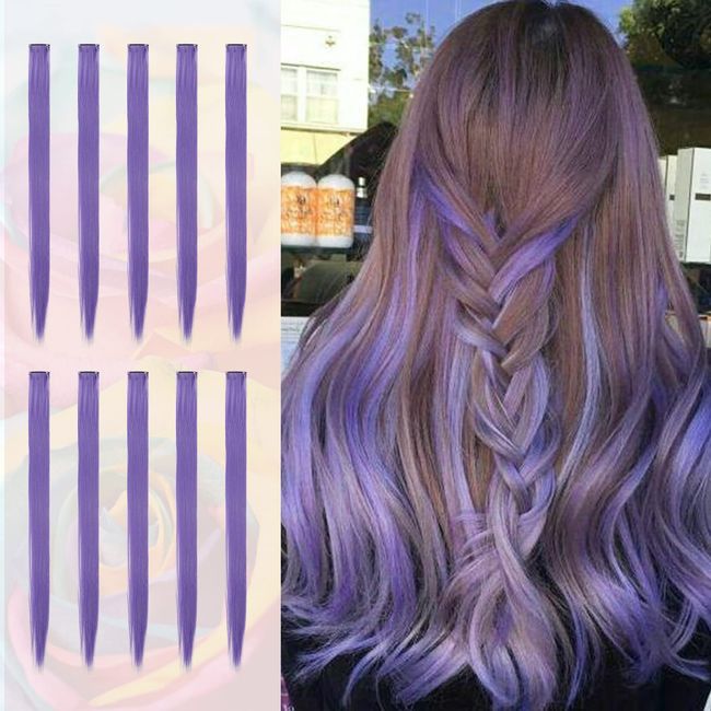 Sofeiyan 10 Pcs Colored Hair Extensions Party Highlights Colorful Clip in Hair Extensions 22 Inch Straight Synthetic Hairpieces for Women Kids Girls Halloween Christmas Cosplay, 10pcs Grey Purple