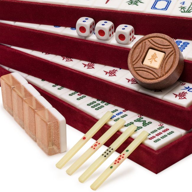 Yellow Mountain Imports Japanese Riichi Mahjong Set - Black Standard Size Tiles and Vinyl Case - with East Wind Tile, Set of Betting Sticks, & Dice