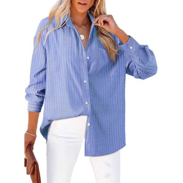 Aleumdr Musselin Bluse Damen Langarmshirts V-Ausschnitt Streifen Hemdbluse Damen Business Hemd Elegant Oberteile Damen Oversize Hemdjacke Casual Shirts,