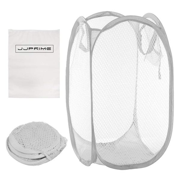 JJOnlineStore Foldable Pop Up Mesh Collapsible Washing Laundry Basket Bag Bin Hamper Toy Tidy Storage Organiser Organizer (White)