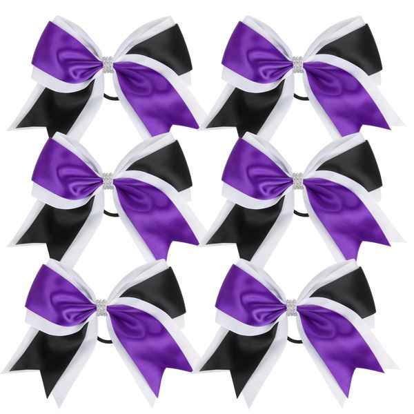 Cheerleader Bows 8 Inch 3 Colors 2 Layers 6 Pcs Jumbo Ponytail Holder Cheerleading Bows for High School College Hair Elastic Hair Tie (Purple/Black)