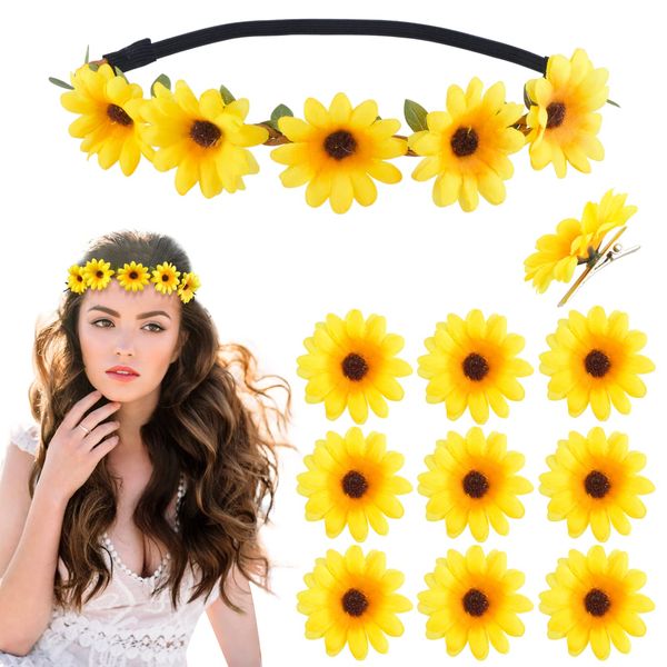 Sunflower Headband Daisy Flower Crown Boho Floral Hair Wreath Headpieces +10pcs Daisy Flower Hair Clip for Bridal Women Girls Wedding Party Beach