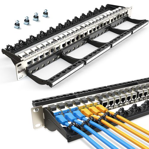 PBAEGAV Patch Panel 24 Port with Cat6A STP Keystone Jack【EC Listed】 Front Cable Rack Smart Cable Management for 19 inch Rack Mount Shielded (CAT6A Keystone Jack Shielded)