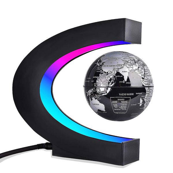 Levitation Globe, C Shape Magnetic Floating Globe with LED Lights World Map Globe Unique Learning Education Gifts for Teaching Demo Home Office Desk Decoration (Sliver)