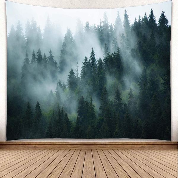 YISURE Wandteppich Wald Grün, Nebliges Wandtuch Wald für Schlafzimmer, Wandteppiche Wandtücher Landschaft, Wandbehang Wald, Tuch für die Wand in Home Living Room Decoration 200x150cm