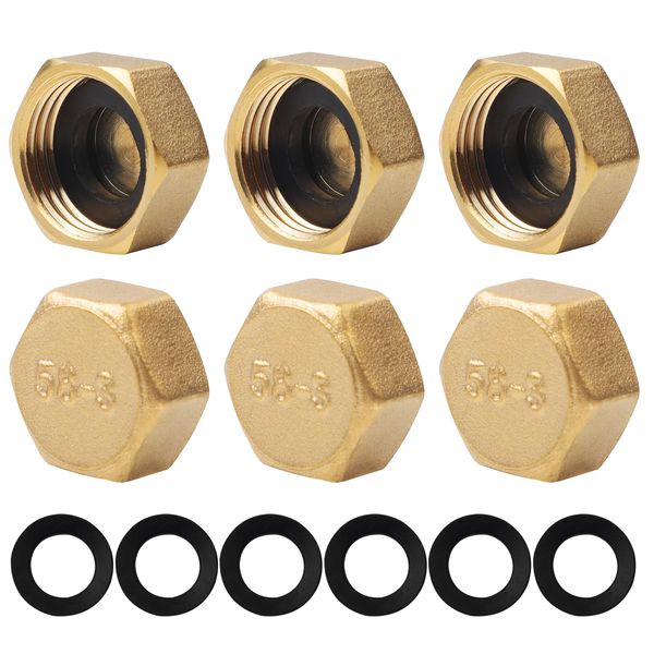 6PCS Brass Blanking Cap,Female Blanking Stop Cap,Hex Brass Blanking Nut Caps,Brass Cap,Plumbing Fittings for Washing Machine Radiator Valve faucets Tap (1/2 inch)