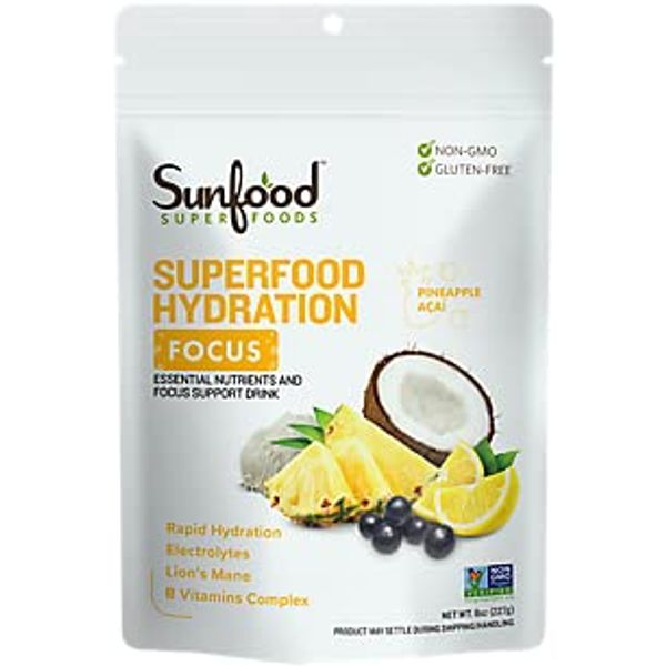 Sunfood Superfoods Hydration Electrolyte Powder Drink Mix | 8 oz. Bag, 20 Servings | Coconut Water, Pink Himalayan Salt, Lemon & Pineapple Juice Mix | Lion's Mane & B-Vitamin Complex