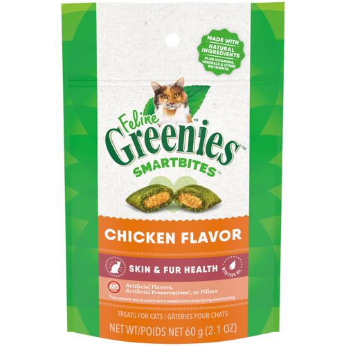 Greenies Feline Smartbites Skin & Fur Health Crunchy and Soft Natural Cat Treats, Chicken Flavor, 2.1 oz. Pouch