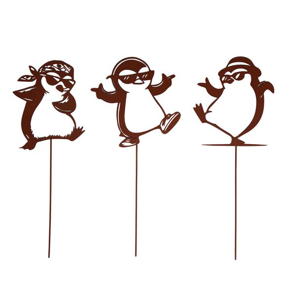UNUS Gartenstecker Pinguine, Lustige Gartendeko aus Metall in Rostoptik, wetterfest und dekorativ für Garten, Beet & Balkon