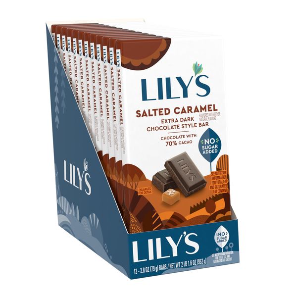 LILY'S Salted Caramel Extra Dark Chocolate Style No Sugar Added, Sweets Bars, 2.8 oz (12 Count)