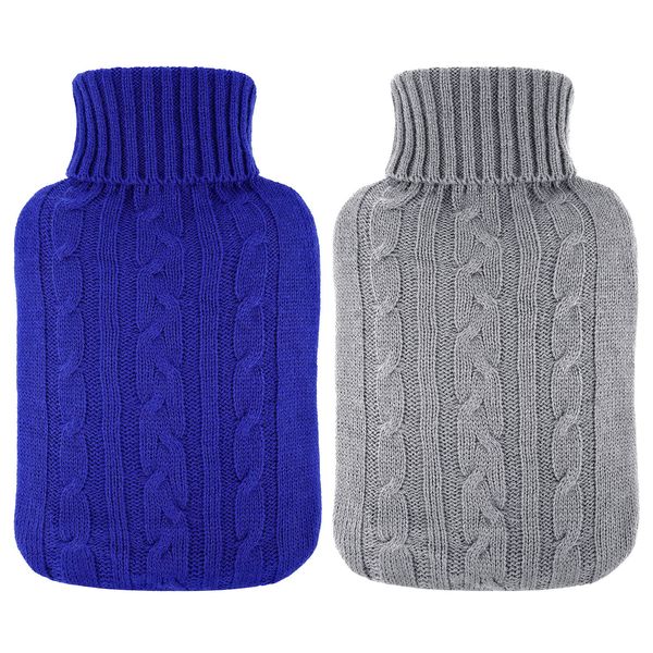 2 Pieces Hot Water Bottle Cover Soft Cover Only Knitted Hot Water Bottle Sweater for Hot Compress and Cold Therapy, Ideal for Menstrual Cramps, Neck and Shoulder Pain Relief (RoyalBlue, Grey)