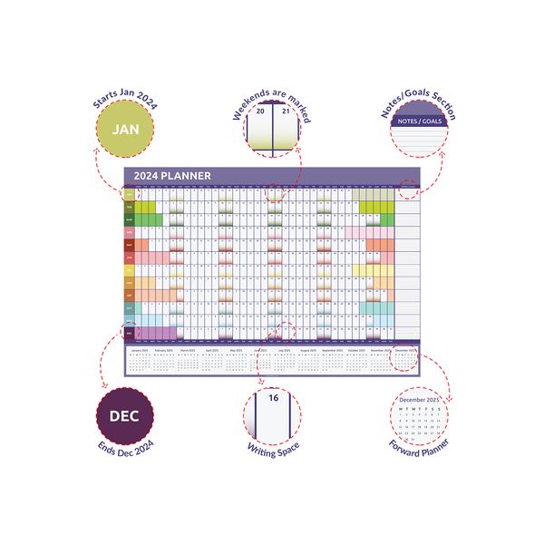 2024 Wall Planner Calendar A1 Size (84cm x 59cm) Full Year to view Calendar Home Office Work Full Year (Rainbow)