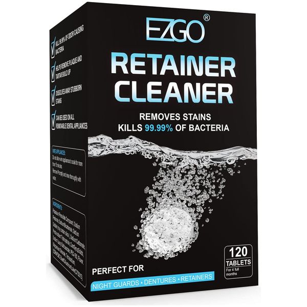 EZGO Retainer Cleaner Tablets, Denture Cleaning Tablets for Mouth Guard, Night Guard and Removable Dental Appliances, Removes Stains, Bad Odor, Plaque in 3 Minutes, 4 Months Supply (120 pcs)