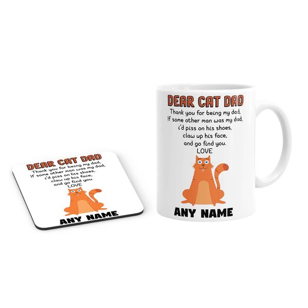 Dear Cat Dad Funny Personalised Custom Name Mug and Coaster Set Tea Coffe Cup Customised