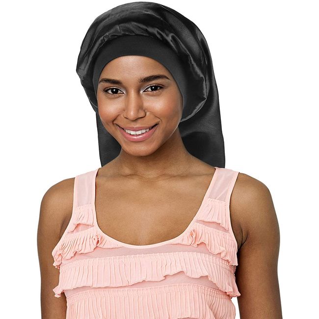 Long Satin Bonnet Sleep Cap,Black Extra Large Silk Bonnet for