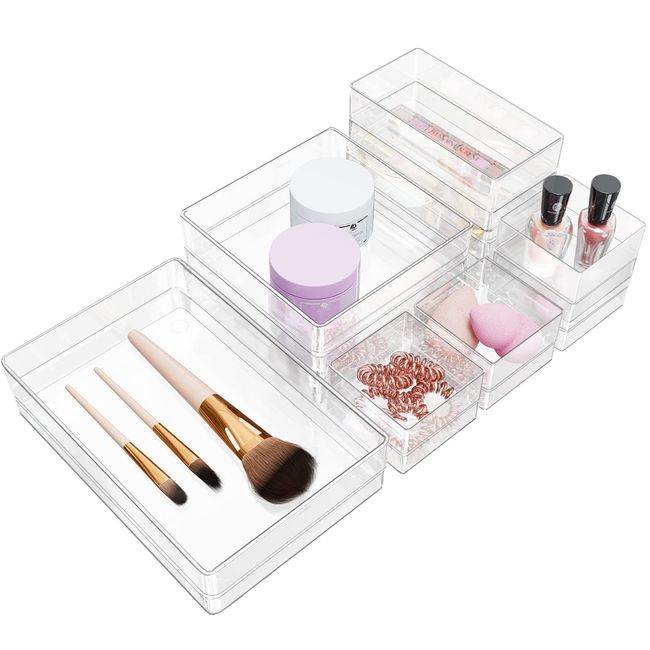 Lolalet Cosmetic Storage Box, 10 Pieces, Makeup Box, Cosmetics Storage, Tabletop Storage, Transparent, 6 Pieces, 4 Sizes, Multi-Purpose Organization