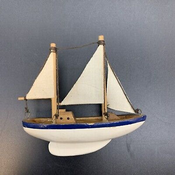 Vintage Wooden Painted Sailboat Toy W 3 Sails & Small Eye Hooks 4”x4”x2.25”