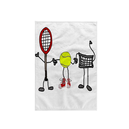 3dRose Funny Cute Tennis Racket, Ball, and Net Cartoon Characters Towel, 15" x 22", White