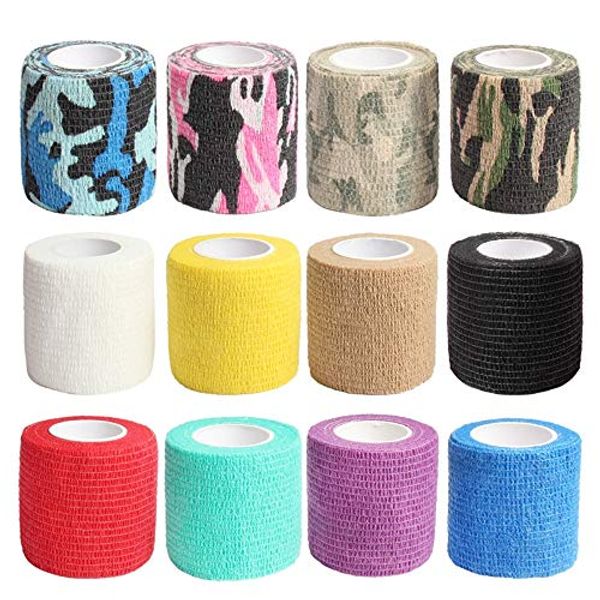 12 Pack Self Adhesive Tape,Cohesive Wrap Bandages, Camouflage Wrap Tape for Hunting, Strong Elastic Stretch Sports Tape for Wrist, Ankle Sprains & Swelling,FDA Approved, 2"x5 Yards(12 Color)