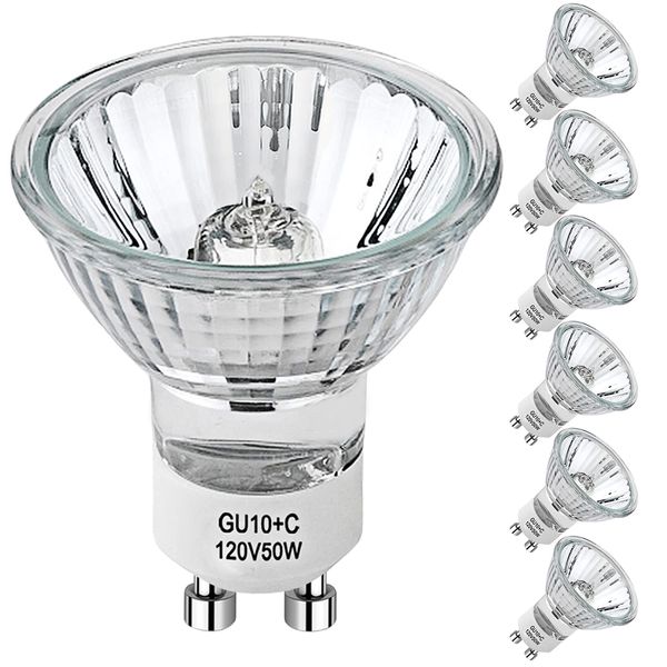 PaeorRorL GU10 Halogen Bulbs 50W,6 Pack 120V GU10+C Halogen Light Bulbs for Recessed Track Lighting,MR16 GU10 with Glass Cover Replacement for Candle Warmer Light Bulbs,Dimmable,Warm White