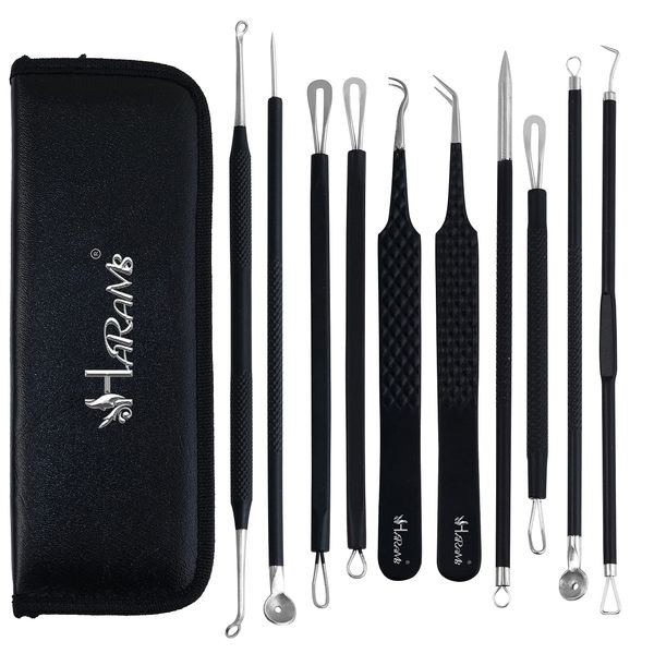 Blackhead Remover Pimple Popper Tool Kit 10 Pcs, Comedone Pimple Extractor Tool, Acne Kit for Forehead, Nose, Blackhead, Facial, Whitehead, Popping, Zit Removing (Black)