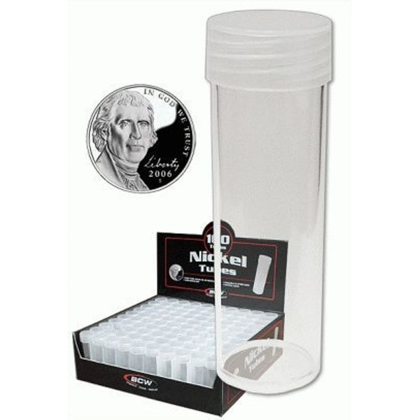 COIN STORAGE TUBES, round clear plastic w/ screw on tops for NICKELS (Quantity of 5 tubes)