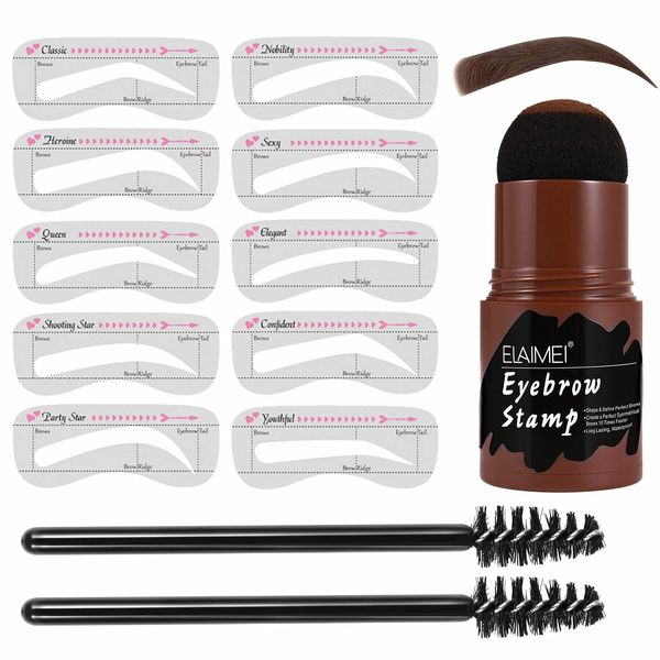 Eyebrow Stamp Shaping Kit with 10 Reusable Eyebrow Stencils and 2 Eyebrow Pen Brush, One Step Brow Definer Powder Stamp Waterproof Long Lasting Eyebrow Makeup Kit (Dark Brown)