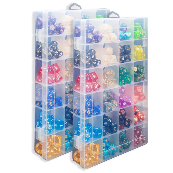 2 Pack DND Dice Storage Box Each 24 Grids Polyhedral Dice Organizer with Removable Dividers Holding Up To 1600 Dices Small Craft Containers for Dice Collectors or RPG D&D Games (Box only)