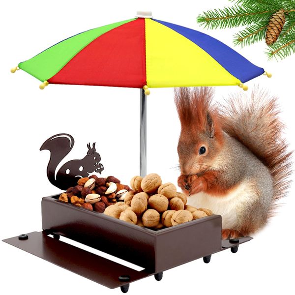 Squirrel Feeder with Umbrella, Metal Squirrel Feeders for Outside with Corn Cobs, Durable Squirrel Feeder Picnic Table with Solid Structure, Funny Chipmunk Feeder for Corn Peanuts (Brown)