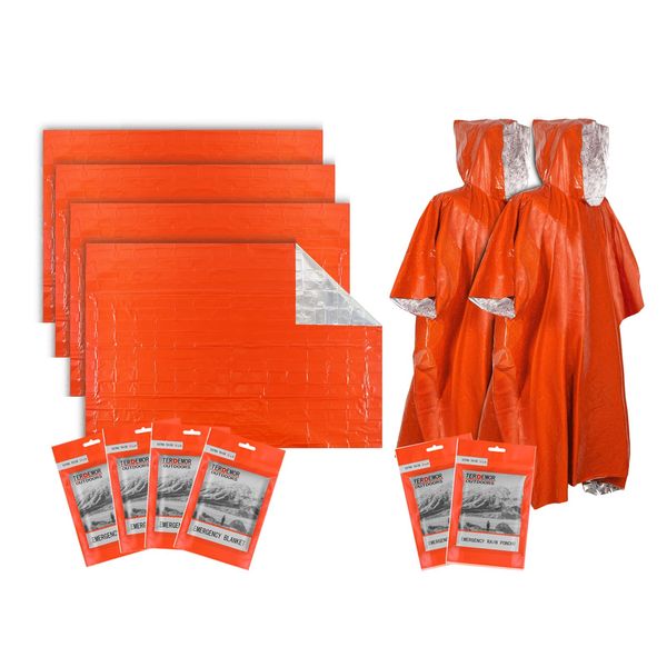 Terdemor Emergency Blanket (4 Pack), Emergency Poncho (2 Pack) with Mylar Blanket Liner, Much Larger and Thicker Survival Blanket for Emergency Preparation, Camping, Hiking, Outdoor Activities