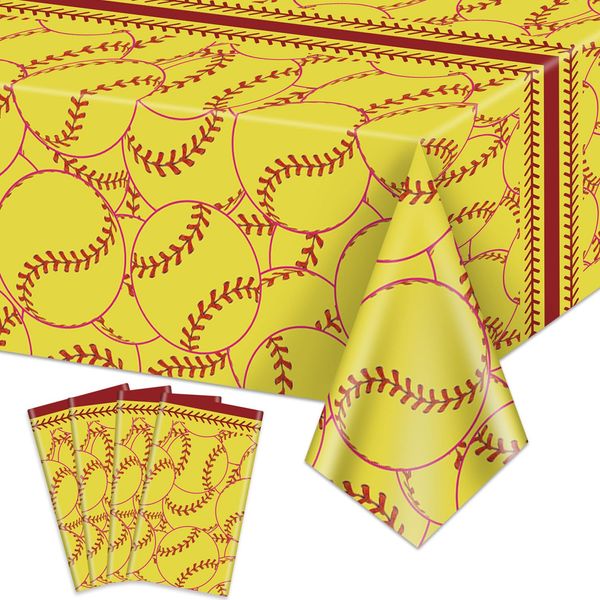 PTECDROTS 4 Pcs Softball Tablecloths, Disposable Softball Party Decorations Table Covers, Rectangular Softball Pattern Table Cloth for Softball Thee Sports Event Birthday Party Supplies, 51x86 Inch