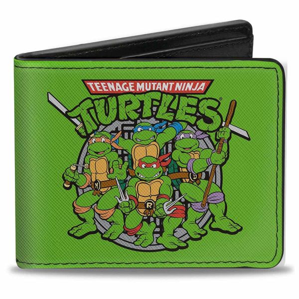 Nickelodeon Buckle-Down Pu Bifold Wallet-Classic TMNT Turtles Battle Pose8/Manhole Cover Green/Black, Multicolor, 4.0" x 3.5"