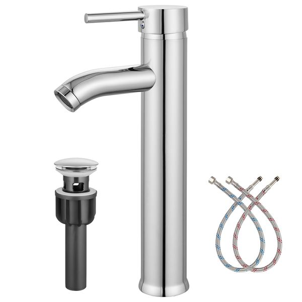 Heyalan Bathroom Vessel Sink Faucet,Restroom Faucet Polish Chrome Stainless Steel Circular Tall Spout Deck Mount Single Handle Bowl Basin Mixer Bar Tap One Hole Lavatory Vanity Plastic Pop Up Drain