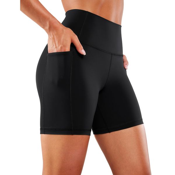 CRZ YOGA Women's Naked Feeling Cycling Shorts with Pockets - 6'' High Waisted Ladies Gym Shorts Tummy Control Yoga Shorts Black 12