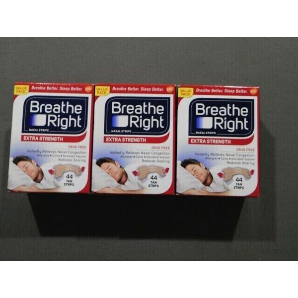 132 BREATHE RIGHT NASAL STRIPS EXTRA STRENGTH TAN  ( 3 x 44 Ct Boxes ) EXP 2027